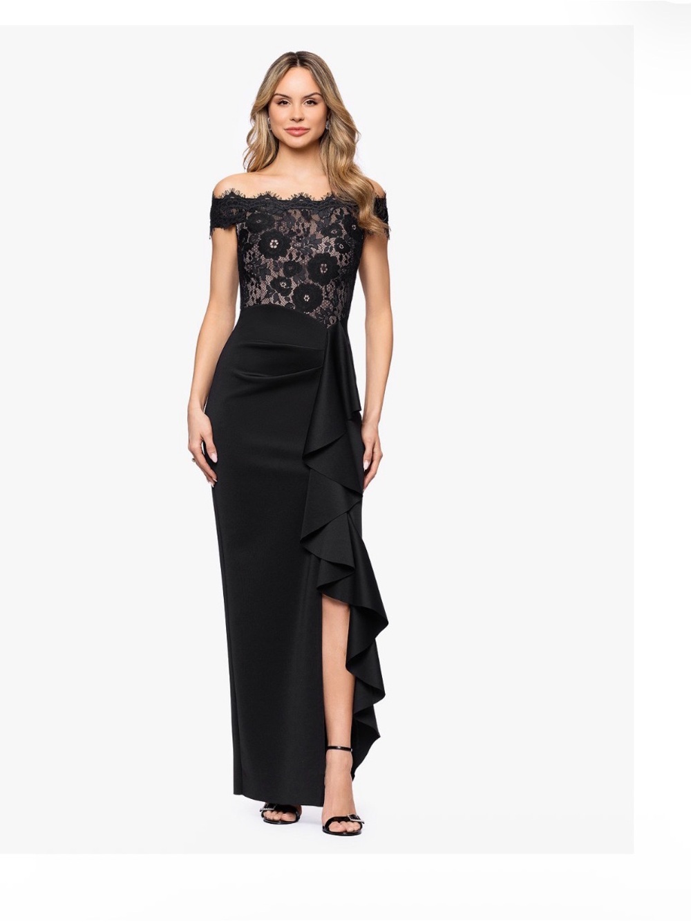 Betsy & Adam SZ 12P NWT Black Nude Lace Off Shoulder Ruffle Formal Gown GALA MOB